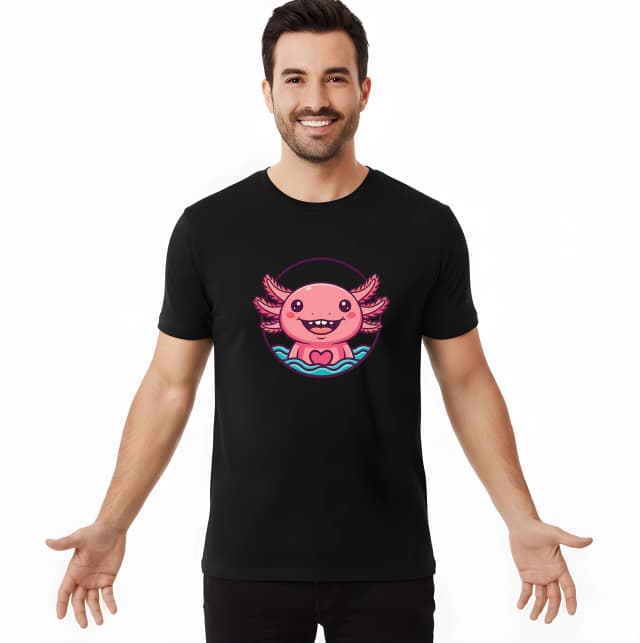 Pánske tričko Roztomilý Ružový Axolotl S Úsmevom A Srdiečkom Vo Vlnách