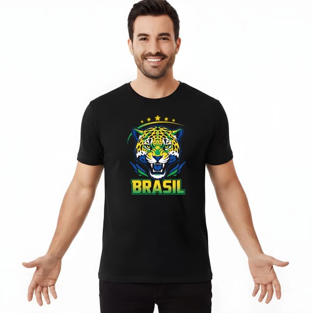 Pánske tričko Divoký Jaguár Brasil Zlatý A Zelený Futbalový Emblém Sily